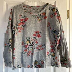 LOFT Heather Gray Floral Pullover Sweatshirt